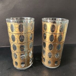 Mid Century Culver Piza Glasses Set of 2 Pisa Highball Gold Ovals Green